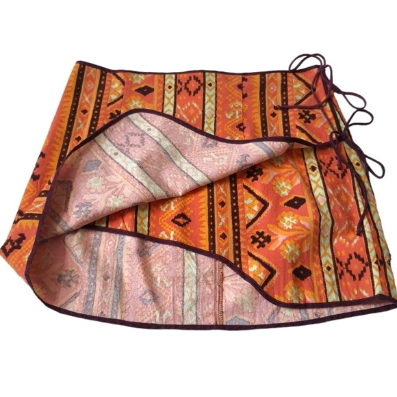 Free People Cleo Wrap Mini Skirt Rust Combo Ties Western Boho Orange Size 6 - Picture 5 of 8